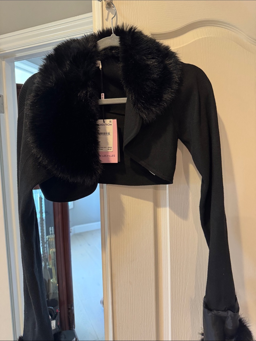 Avec Les Filles Black Cropped Faux Fur-Trim Bolero Pea Coat